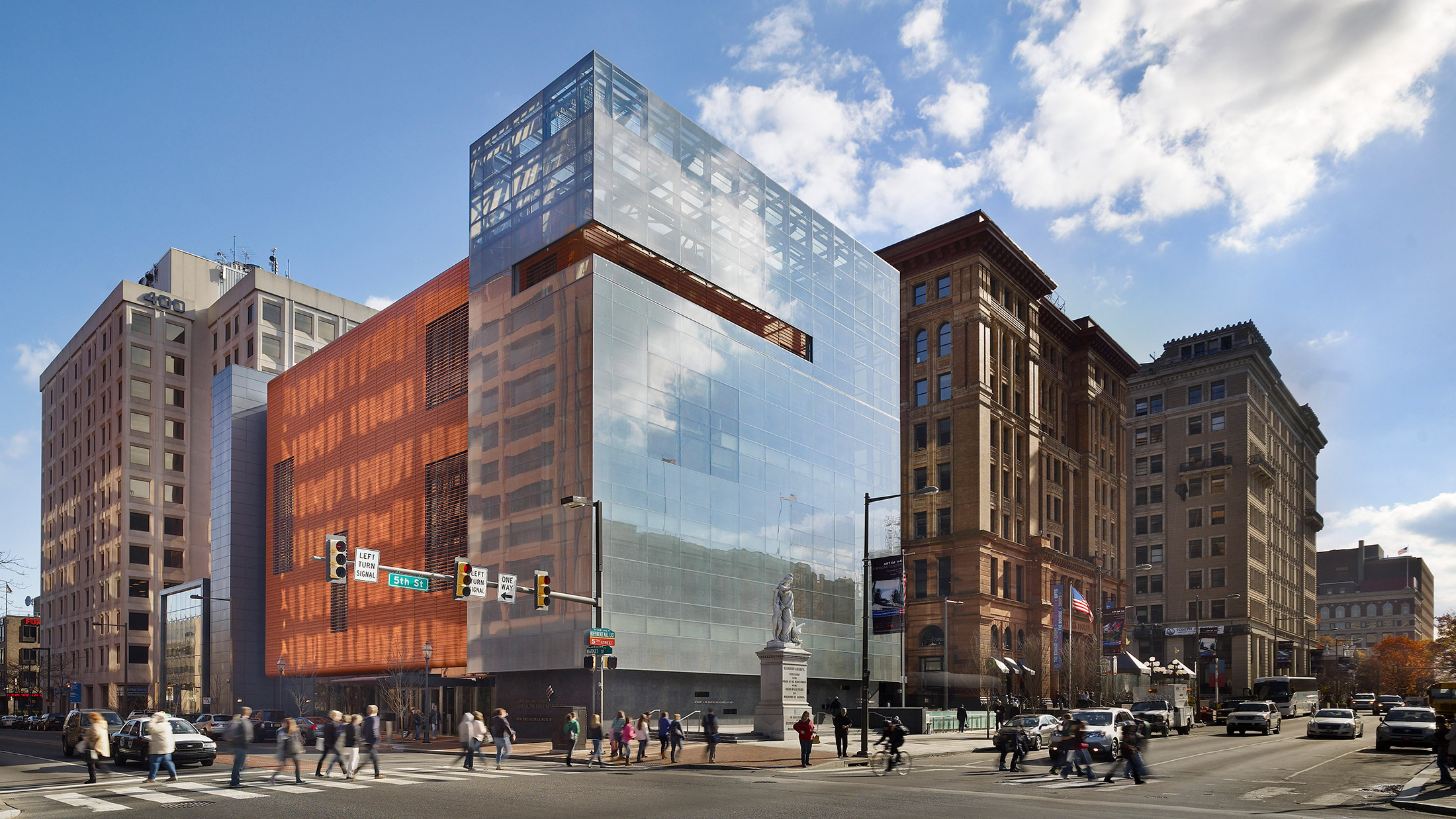 The shiny glass exterior of the Weitzman National Museum of American Jewish History in Philadelphia