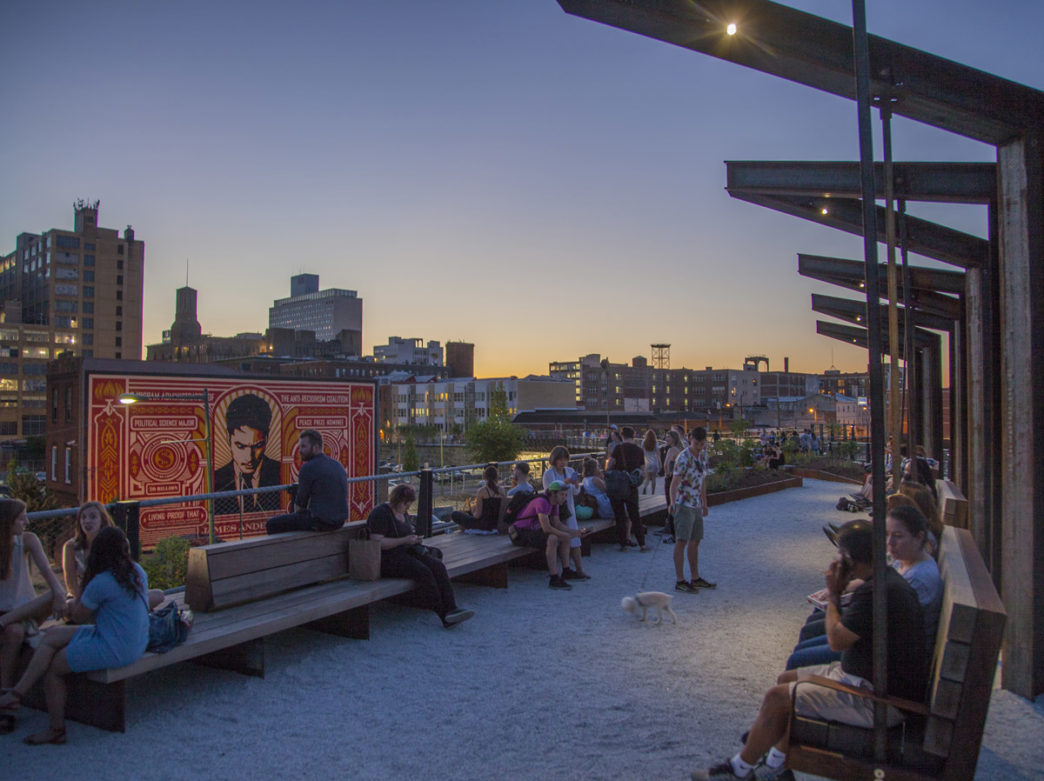 People hanging out at the elevated Rail Park in Philadelphia