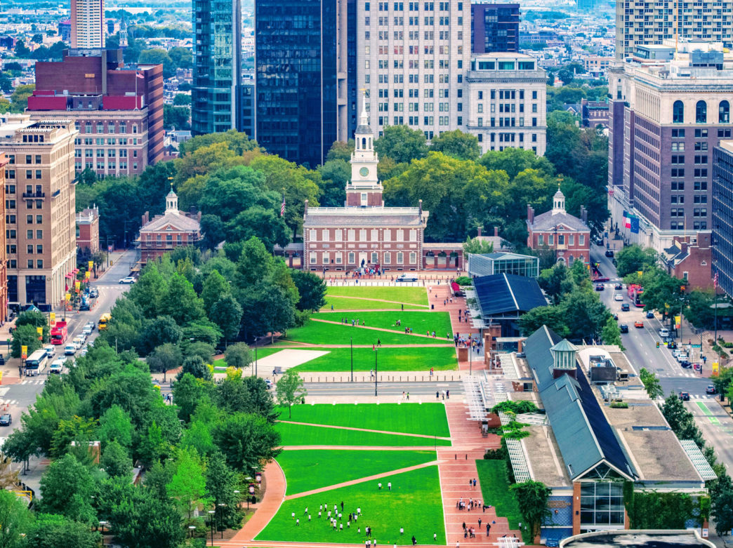 Aerial view of Independence Mall and Independence Hall