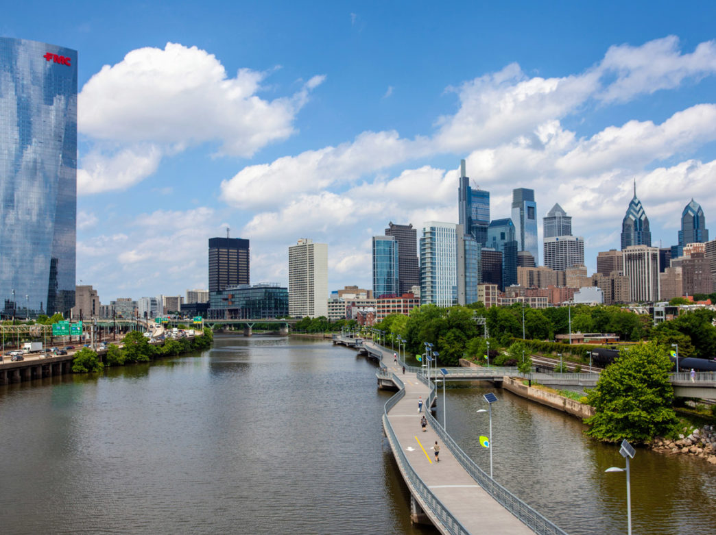 The view of the Schuylkill River and the Philadelphia skyline from the South Street Bridge