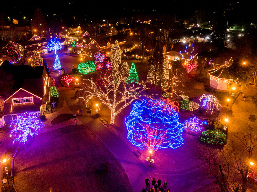 Peddler's Village lit for the holidays, seen from above
