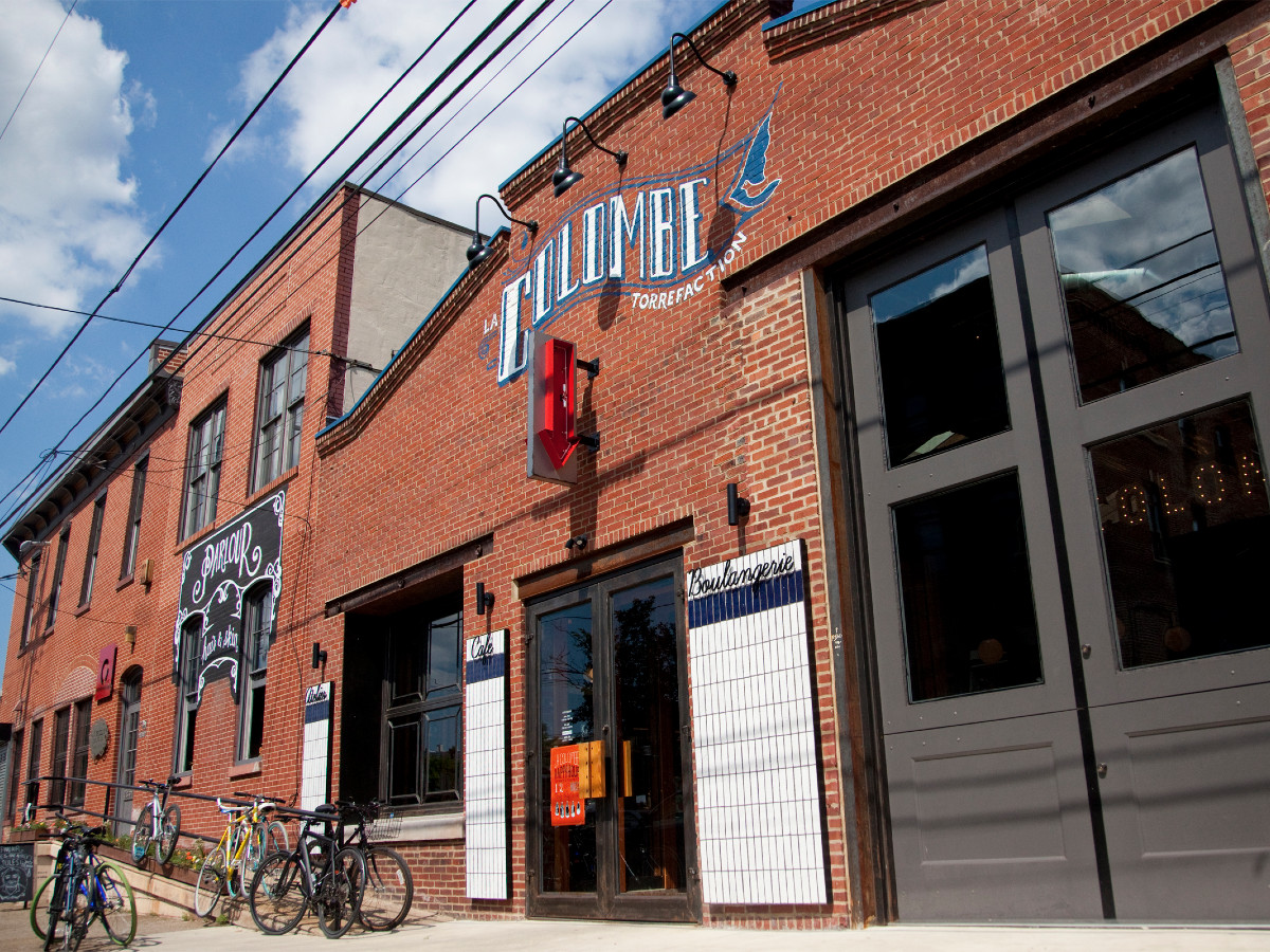 Brick exterior of La Colombe's Fishtown location in Philadelphia