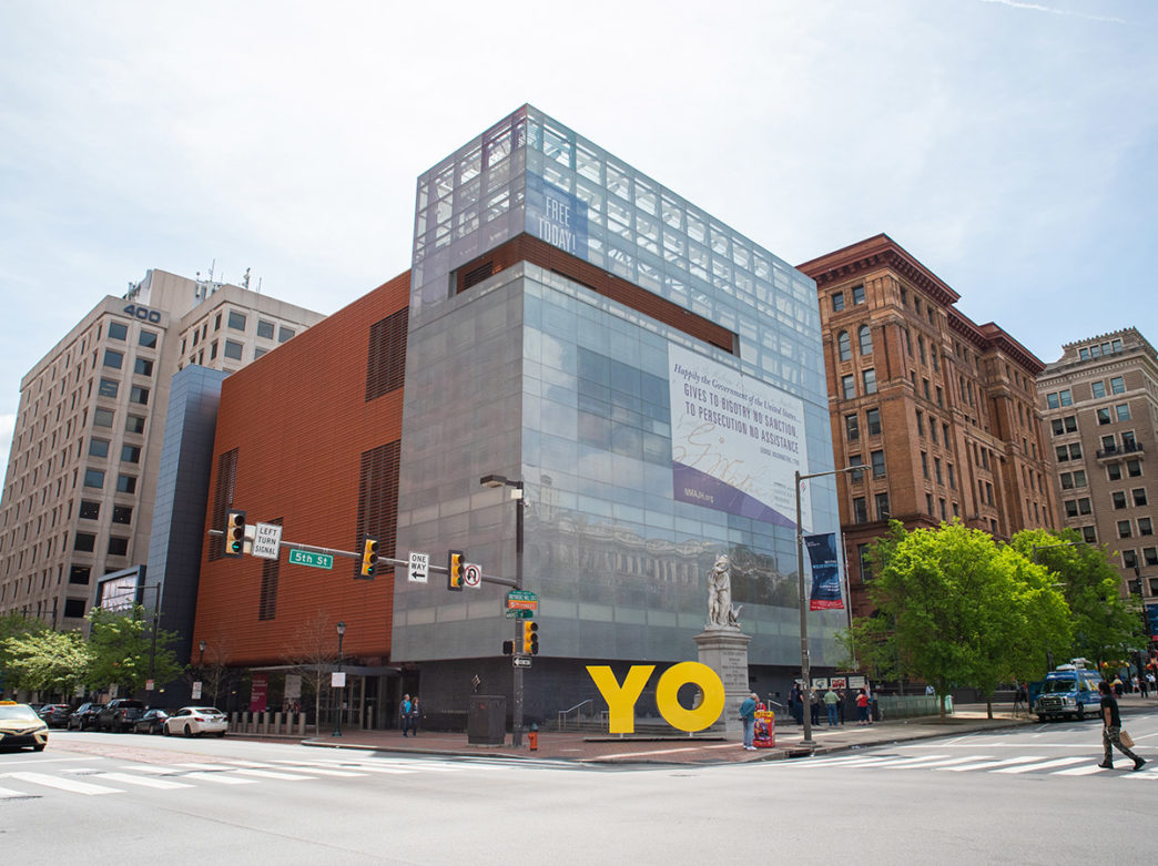 Giant yellow letters that spell YO sit outside of the Weitzman National Museum of American Jewish History in Philadelphia