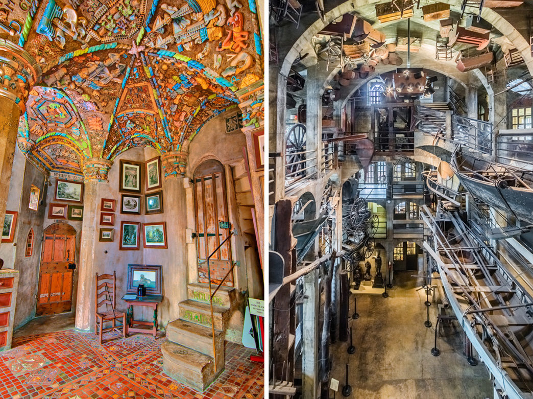 A split image of the colorful interior of Fonthill Castle and the interior of artifacts hanging from the ceiling at the Mercer Museum