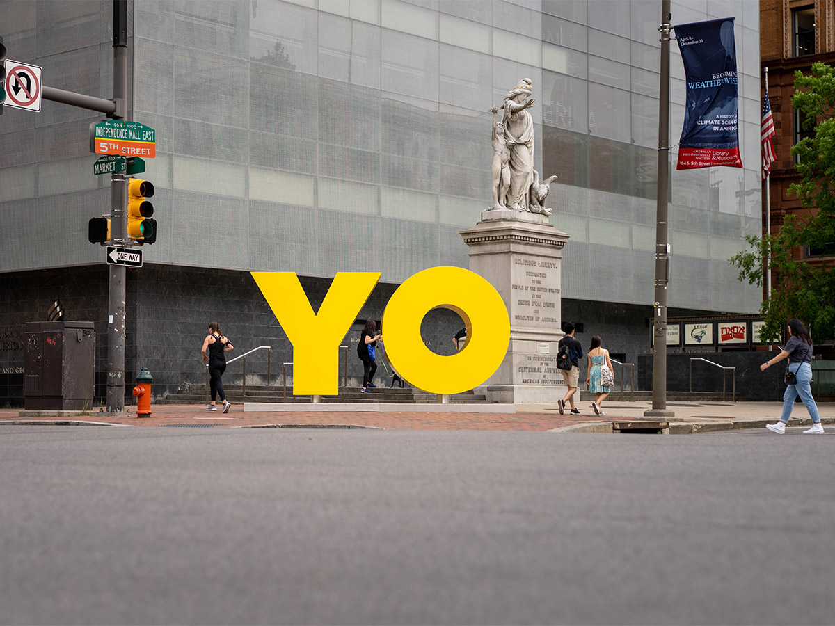 The OY/YO sculpture outside of The Weitzman National Museum of American Jewish History