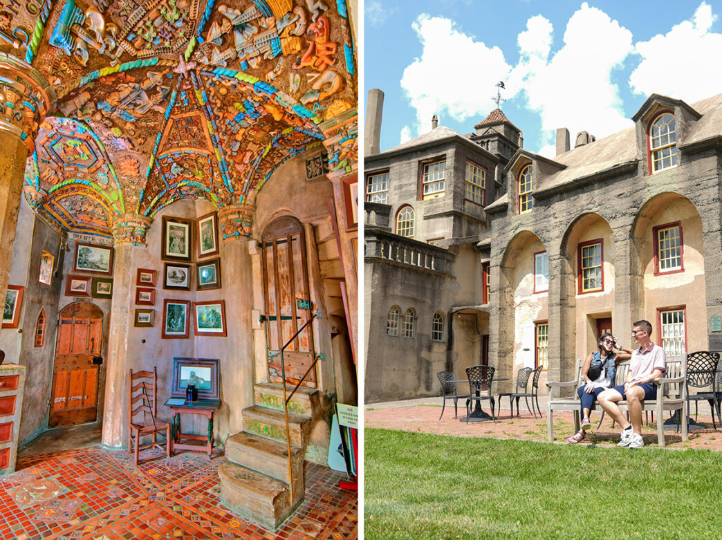 A composite image of Fonthill Caslte in Doylestown. On the left, an exquisitely colored interior. On the right, two people sit on a bench on a clear blue day with the castle in the background.