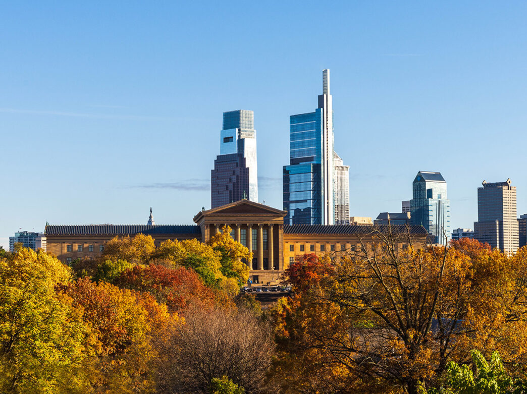 A view of the Philadelphia Museum of Art and the Philadelphia skyline from Lemon Hill