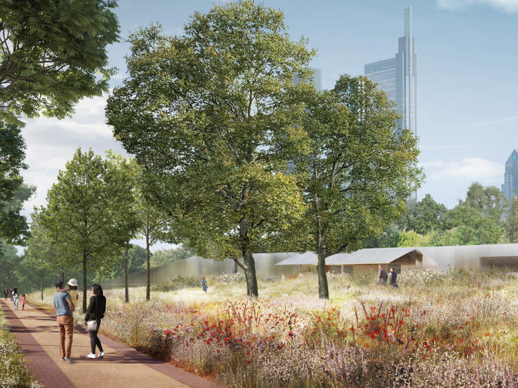 A rendering of a flower garden in Philadelphia. People walk along a brick and paved pathway through the gardens.