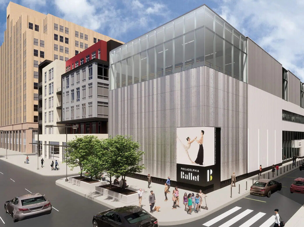 A rendering of the exterior of the Philadelphia Ballet Center for Dance. The five story building is gray and has floor to ceiling windows on the upper levels.