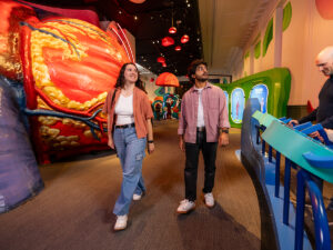 Two people walk through the renovated Body Odyssey exhibit at the Franklin Institute while another person plays at an interactive display.