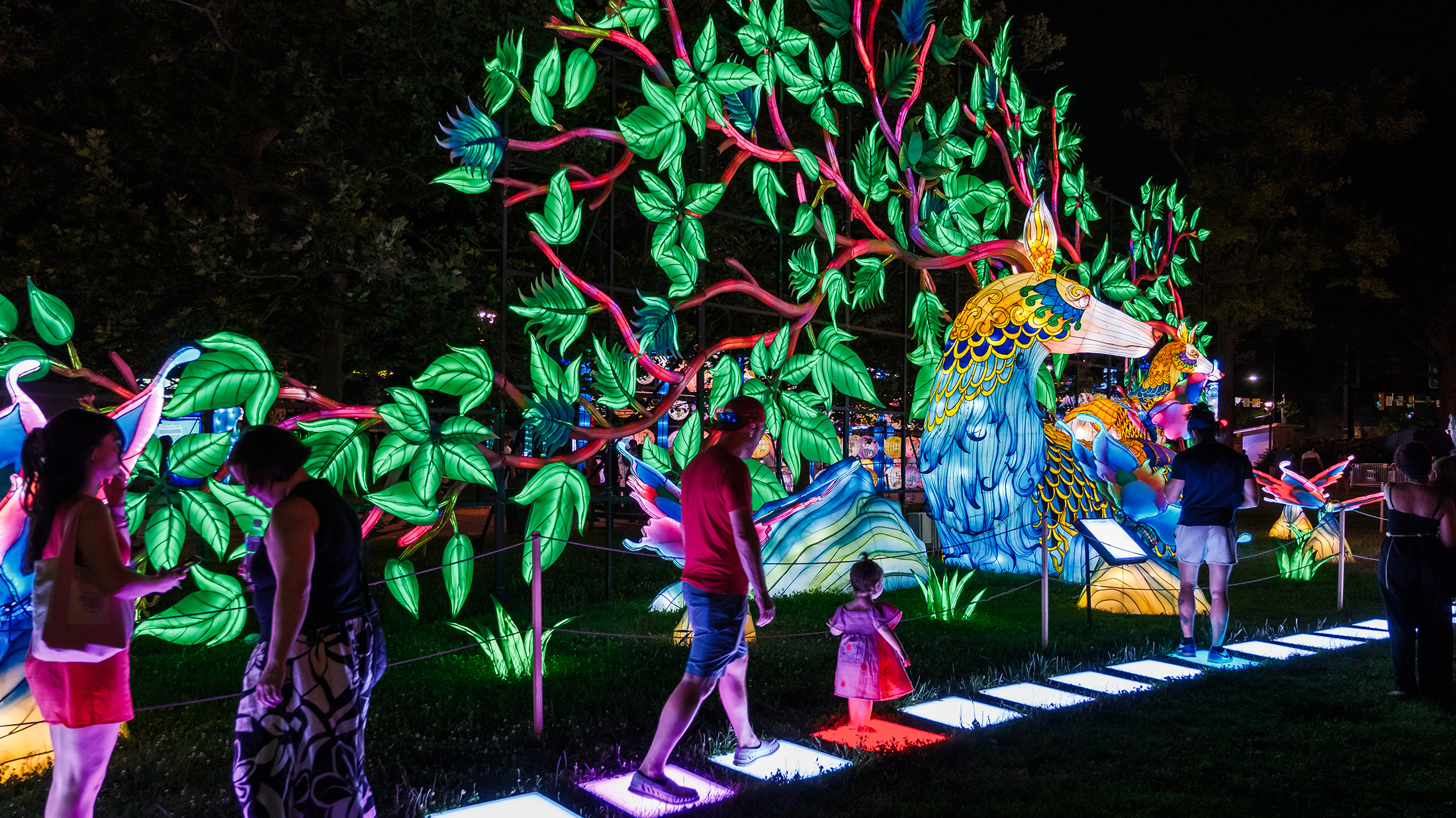 Visitors walk along glowing stepping stones past a massive mythical deer lantern, which is surrounded by a vibrant green tree and birds lanterns.